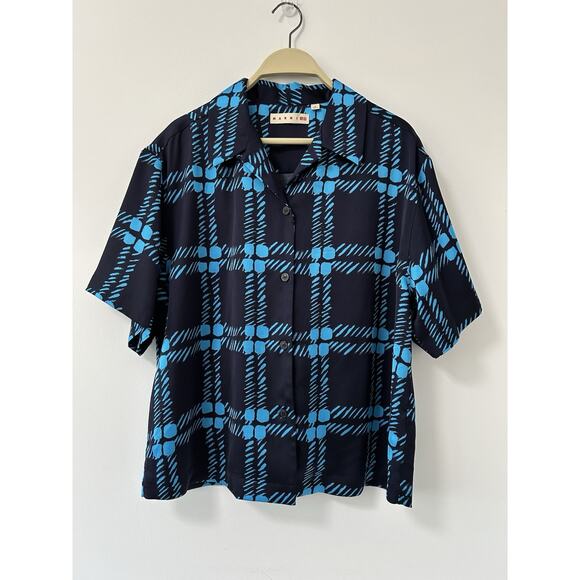 Marni x Uniqlo Shirt Men’s M Medium Blue Painted Plaid Button Up Boxy Short Slv - Picture 1 of 8